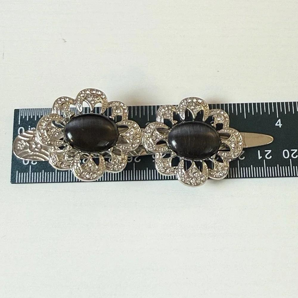 Vtg Art Deco Silver Tone Hair Clip Black Cat Eye Glass Victorian Gothic 4 Inch